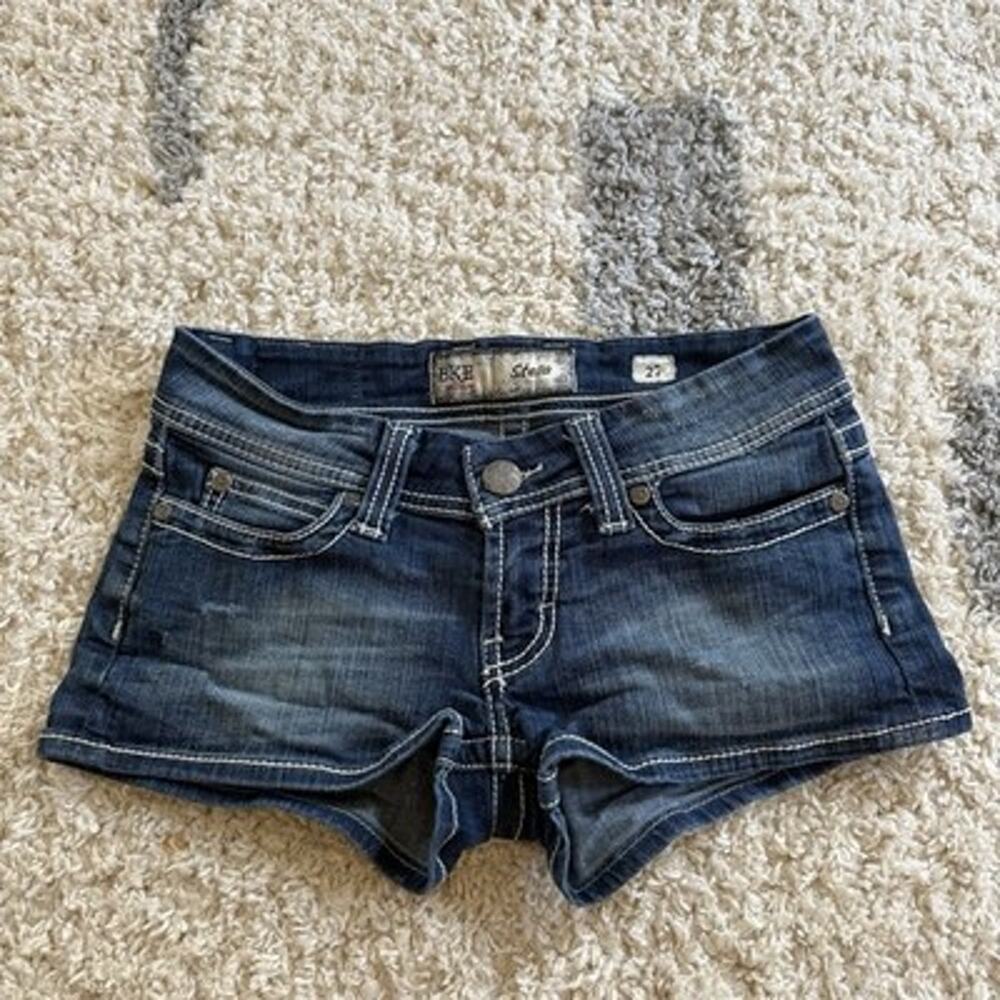 Vtg Denim Micro Mini Low Rise Jean Shorts Sz 27 BKE Stella Blue Y2K Booty Surf